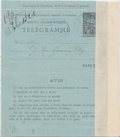 Télégramme de Félicien Rops à [François] Nys. [Paris], 1890/01/11. Bruxelles, Bibliothèque royale de Belgique, III/215/11/1