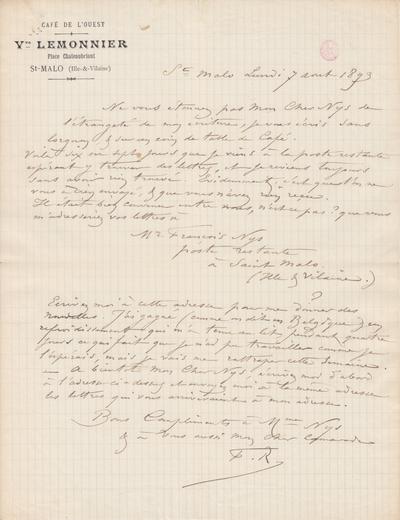 Lettre de Félicien Rops à [François] Nys. Saint-Malo, 1893/08/07. Bruxelles, Bibliothèque royale de Belgique, III/215/11/2