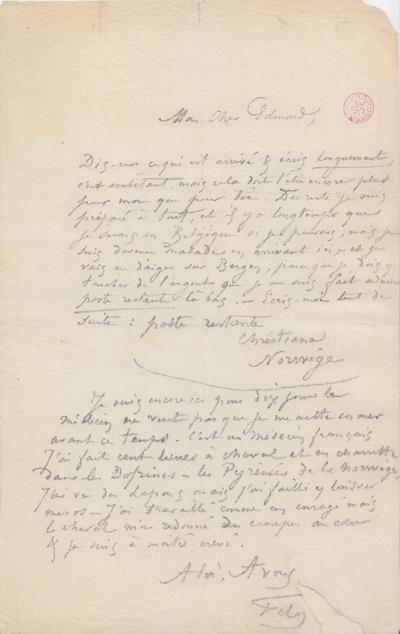 Lettre de Félicien Rops à Edmond [Lambrichs?]. Norvège, 1874/08/00. Bruxelles, Bibliothèque royale de Belgique, III/215/11/28