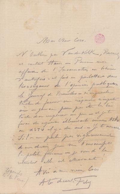 Lettre de Félicien Rops à [Victor] Coco [Hallaux]. s.l., 0000/00/00. Bruxelles, Bibliothèque royale de Belgique, III/215/11/30