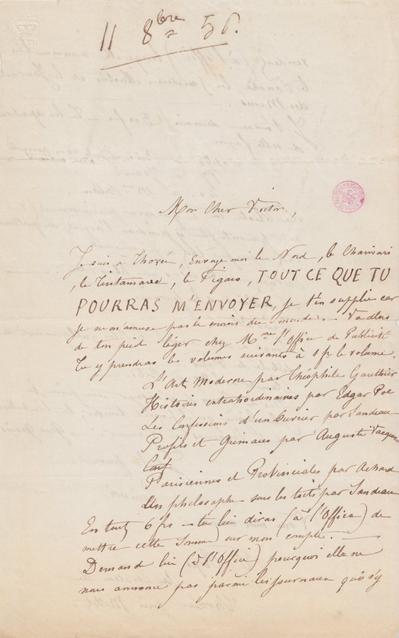 Lettre de Félicien Rops à Victor [Hallaux]. Mettet, 1856/10/11. Bruxelles, Bibliothèque royale de Belgique, III/215/11/31