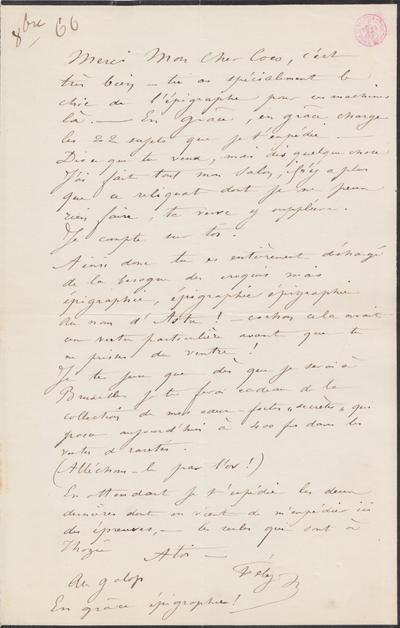 Lettre de Félicien Rops à [Victor] Coco [Hallaux]. [Mettet], 1866/10/00. Bruxelles, Bibliothèque royale de Belgique, III/215/11/33