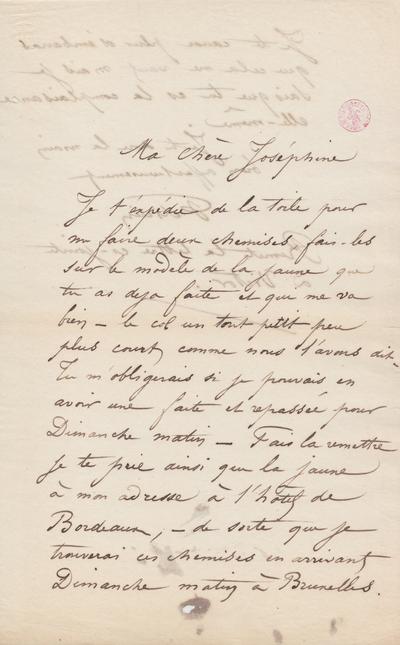 Lettre de Félicien Rops à Joséphine [Hallaux]. s.l., 0000/00/00. Bruxelles, Bibliothèque royale de Belgique, III/215/11/35