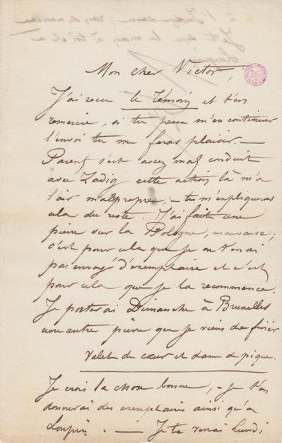 Lettre de Félicien Rops à Victor [Hallaux]. s.l., 0000/00/00. Bruxelles, Bibliothèque royale de Belgique, III/215/11/36