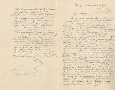 Lettre de Félicien Rops à Victor [Hallaux]. Paris, 1890/12/02. Bruxelles, Bibliothèque royale de Belgique, III/215/11/38