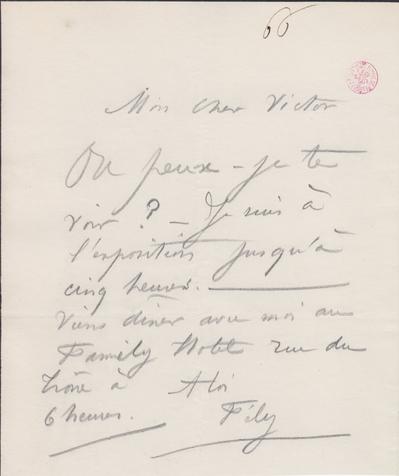 Lettre de Félicien Rops à Victor [Hallaux]. [Bruxelles], 1866/08/00. Bruxelles, Bibliothèque royale de Belgique, III/215/11/41