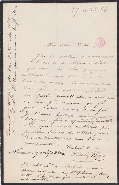 Lettre de Félicien Rops à Victor Hallaux. Namur, 1866/04/19. Bruxelles, Bibliothèque royale de Belgique, III/215/11/42