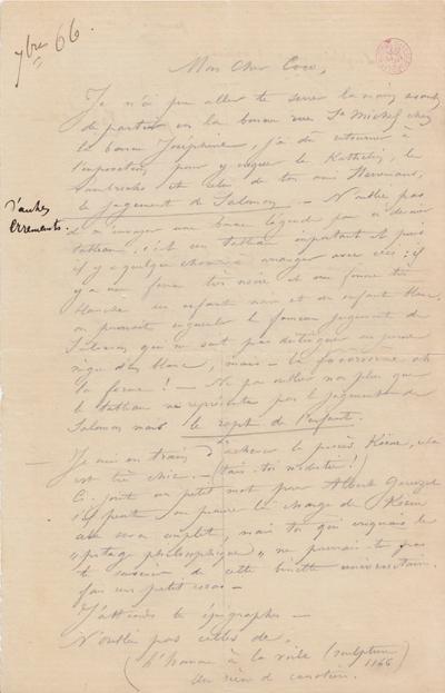 Lettre de Félicien Rops à [Victor] Coco [Hallaux]. s.l., 1866/09/00. Bruxelles, Bibliothèque royale de Belgique, III/215/11/46