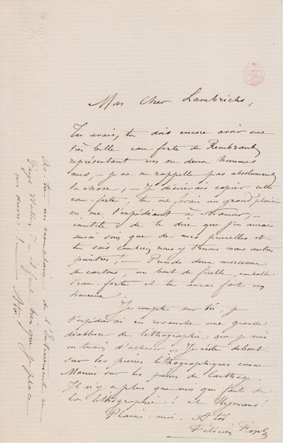 Lettre de Félicien Rops à [Edmond] Lambrichs. s.l., 0000/00/00. Bruxelles, Bibliothèque royale de Belgique, III/215/11/9