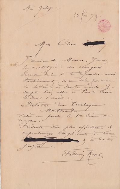 Lettre de Félicien Rops à [Arthur-Jean] Le Bailly d'Inghuem. s.l., 1879/02/10. Bruxelles, Bibliothèque royale de Belgique, III/215/12/21