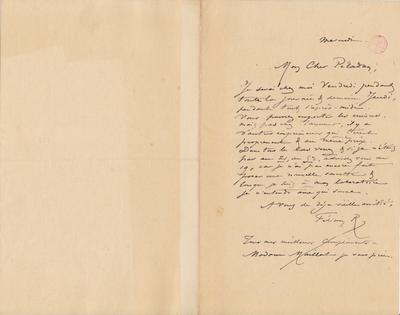 Lettre de Félicien Rops à [Joséphin] Péladan. [Paris], 1885/03/00. Bruxelles, Bibliothèque royale de Belgique, III/215/12/22