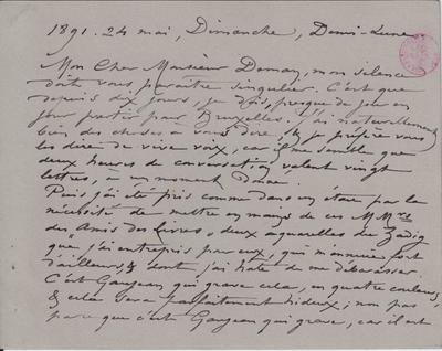 Lettre de Félicien Rops à [Edmond] Deman. Corbeil-Essonnes, 1891/05/24. Bruxelles, Bibliothèque royale de Belgique, III/215/12/24