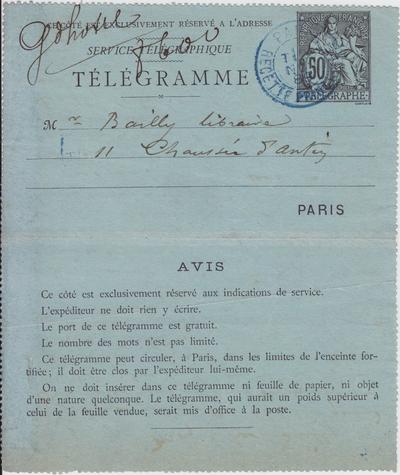 Télégramme de Félicien Rops à [Edmond] Bailly. [Paris], 1889/11/20. Bruxelles, Bibliothèque royale de Belgique, III/215/12/3