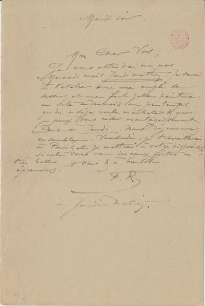 Lettre de Félicien Rops à [Charles] Vos. s.l., 0000/00/00. Bruxelles, Bibliothèque royale de Belgique, III/215/12/33