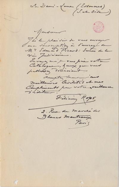 Lettre de Félicien Rops à Inconnu. Corbeil-Essonnes, entre [1893]/00/00 et [1896]/00/00. Bruxelles, Bibliothèque royale de Belgique, III/215/12/34