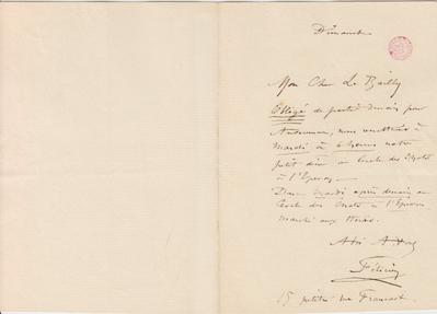 Lettre de Félicien Rops à [Arthur-Jean] Le Bailly d'Inghuem. [Bruxelles], 0000/00/00. Bruxelles, Bibliothèque royale de Belgique, III/215/12/6