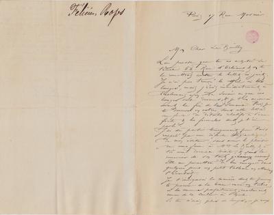 Lettre de Félicien Rops à [Arthur-Jean] Le Bailly d'Inghuem. Paris, 1879/00/00. Bruxelles, Bibliothèque royale de Belgique, III/215/12/7