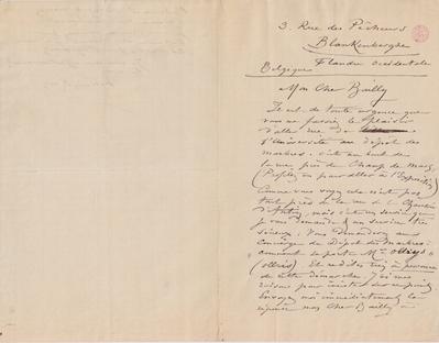 Lettre de Félicien Rops à [Edmond] Bailly. Blankenberghe, 0000/00/00. Bruxelles, Bibliothèque royale de Belgique, III/215/12/8