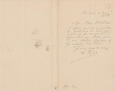 Lettre de Félicien Rops à [Auguste] Delâtre. s.l., 1888/05/11. Bruxelles, Bibliothèque royale de Belgique, III/215/2/10