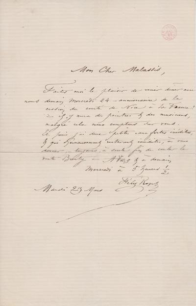 Lettre de Félicien Rops à [Auguste] Poulet-Malassis. s.l., 1875/03/23. Bruxelles, Bibliothèque royale de Belgique, III/215/2/13