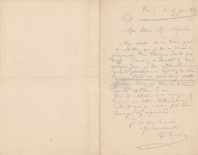 Lettre de Félicien Rops à Inconnu Martin. Paris, 1885/06/15. Bruxelles, Bibliothèque royale de Belgique, III/215/2/15