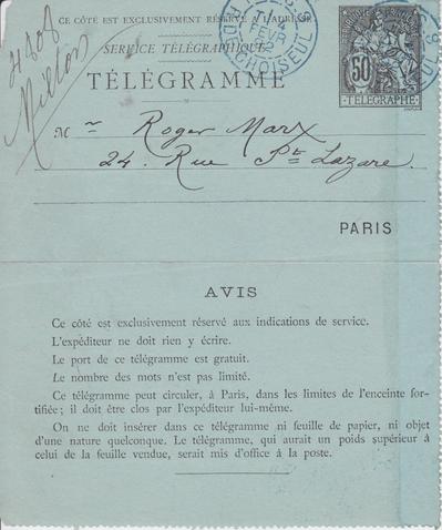 Télégramme de Félicien Rops à Roger Marx. Paris, 1892/02/04. Bruxelles, Bibliothèque royale de Belgique, III/215/2/17