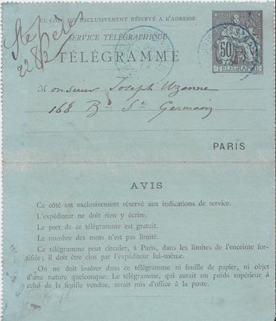 Télégramme de Félicien Rops à Joseph Uzanne. Paris, 1896/01/01. Bruxelles, Bibliothèque royale de Belgique, III/215/2/20a