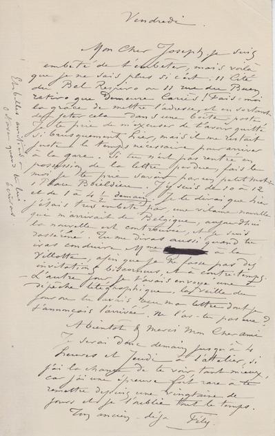 Lettre de Félicien Rops à Joseph [Uzanne]. Paris, 0000/00/00. Bruxelles, Bibliothèque royale de Belgique, III/215/2/21