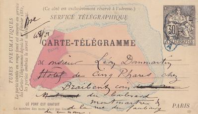 Carte-Télégramme de Félicien Rops à Léon Dommartin. [Paris], 0000/00/27. Bruxelles, Bibliothèque royale de Belgique, III/215/2/25a