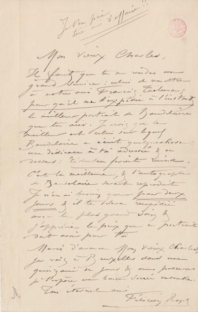 Lettre de Félicien Rops à Charles [Neyt]. s.l., 0000/00/00. Bruxelles, Bibliothèque royale de Belgique, III/215/2/6