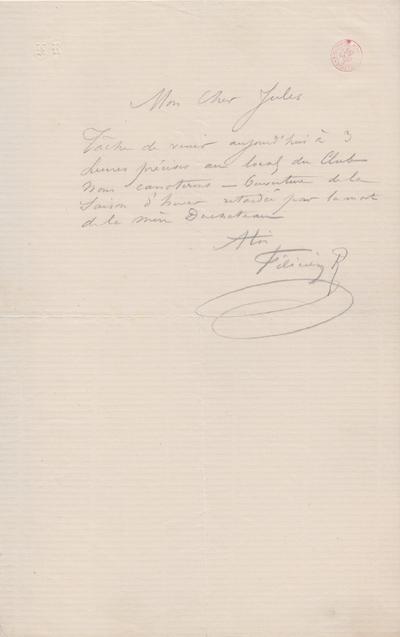 Lettre de Félicien Rops à Jules [Trépagne]. s.l., 0000/00/00. Bruxelles, Bibliothèque royale de Belgique, III/215/3/11