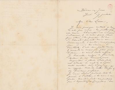 Lettre de Félicien Rops à [Henri] Liesse. Bièvres, 1884/07/17. Bruxelles, Bibliothèque royale de Belgique, III/215/3/13