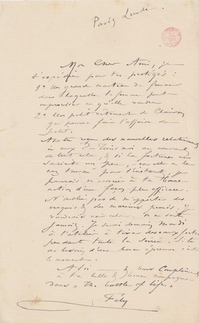 Lettre de Félicien Rops à Inconnu. Paris, 0000/00/00. Bruxelles, Bibliothèque royale de Belgique, III/215/3/14