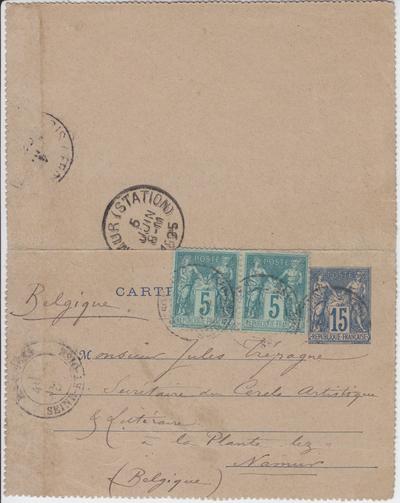 Carte-Lettre de Félicien Rops à Jules Trépagne. Corbeil-Essonnes, 1895/06/04. Bruxelles, Bibliothèque royale de Belgique, III/215/3/2