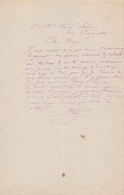 Lettre de Félicien Rops à [Henri] Liesse. s.l., 0000/00/00. Bruxelles, Bibliothèque royale de Belgique, III/215/3/21