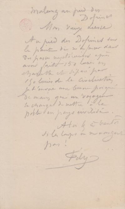 Lettre de Félicien Rops à [Henri] Liesse. Dalécarlie, 1874/08/00. Bruxelles, Bibliothèque royale de Belgique, III/215/3/22