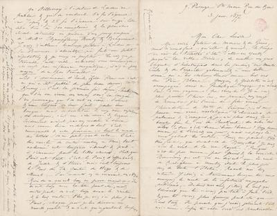 Lettre de Félicien Rops à [Henri] Liesse. Paris, 1877/01/03. Bruxelles, Bibliothèque royale de Belgique, III/215/3/23