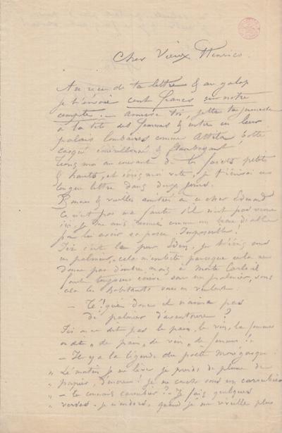 Lettre de Félicien Rops à Henri [Liesse]. Monaco, 0000/00/00. Bruxelles, Bibliothèque royale de Belgique, III/215/3/25