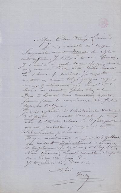 Lettre de Félicien Rops à [Henri] Liesse. s.l., 0000/00/00. Bruxelles, Bibliothèque royale de Belgique, III/215/3/28