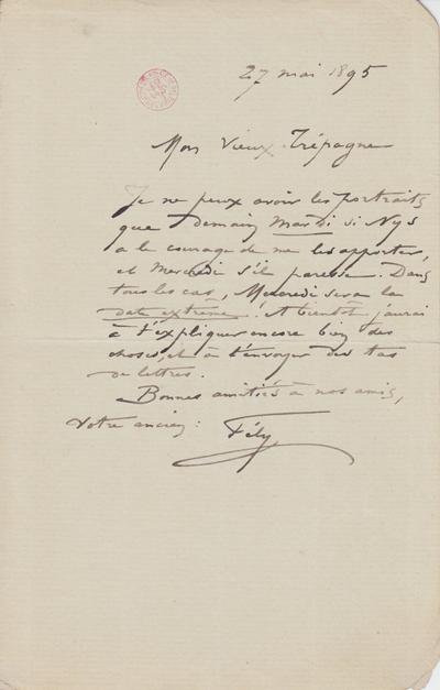 Lettre de Félicien Rops à [Jules] Trépagne. s.l., 1895/05/27. Bruxelles, Bibliothèque royale de Belgique, III/215/3/3