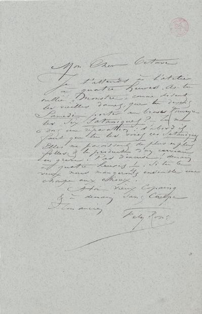 Lettre de Félicien Rops à Octave [Uzanne]. s.l., 1882/11/00. Bruxelles, Bibliothèque royale de Belgique, III/215/3/35