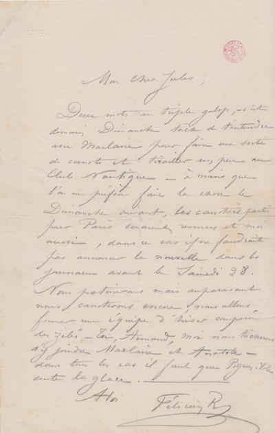 Lettre de Félicien Rops à Jules [Trépagne]. s.l., 0000/00/00. Bruxelles, Bibliothèque royale de Belgique, III/215/3/4