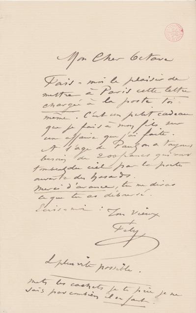 Lettre de Félicien Rops à Octave [Uzanne?]. s.l., 0000/00/00. Bruxelles, Bibliothèque royale de Belgique, III/215/3/43