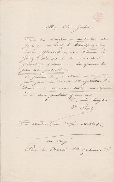 Lettre de Félicien Rops à Jules [Trépagne]. s.l., 0000/00/00. Bruxelles, Bibliothèque royale de Belgique, III/215/3/7