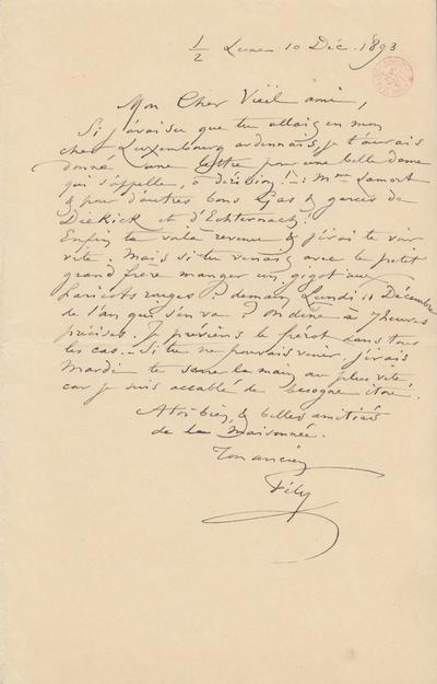 Lettre de Félicien Rops à [Octave] [Uzanne]. Corbeil-Essonnes, 1893/12/10. Bruxelles, Bibliothèque royale de Belgique, III/215/4/1