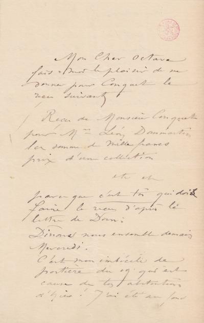 Lettre de Félicien Rops à Octave [Uzanne]. s.l., 1884/02/00. Bruxelles, Bibliothèque royale de Belgique, III/215/4/19