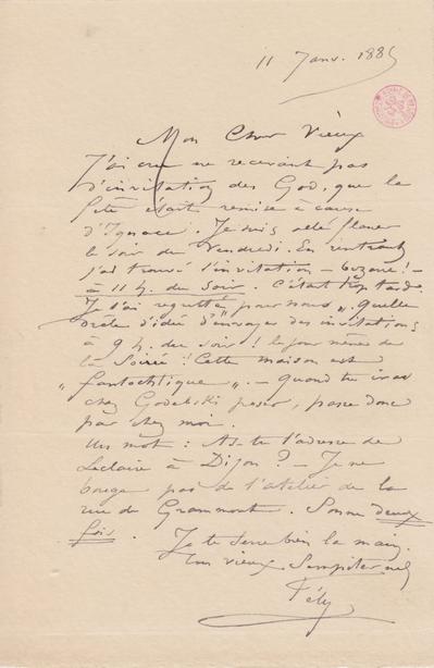 Lettre de Félicien Rops à [Octave] [Uzanne]. s.l., 1885/01/11. Bruxelles, Bibliothèque royale de Belgique, III/215/4/25