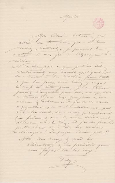 Lettre de Félicien Rops à Octave [Uzanne]. s.l., 1883/02/00. Bruxelles, Bibliothèque royale de Belgique, III/215/4/29