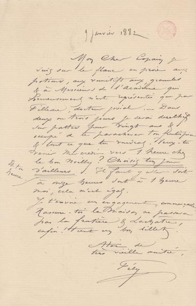 Lettre de Félicien Rops à [Octave] [Uzanne]. s.l., 1882/01/09. Bruxelles, Bibliothèque royale de Belgique, III/215/4/3