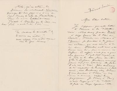 Lettre de Félicien Rops à Octave [Uzanne]. Bièvres, 1884/00/00. Bruxelles, Bibliothèque royale de Belgique, III/215/4/36